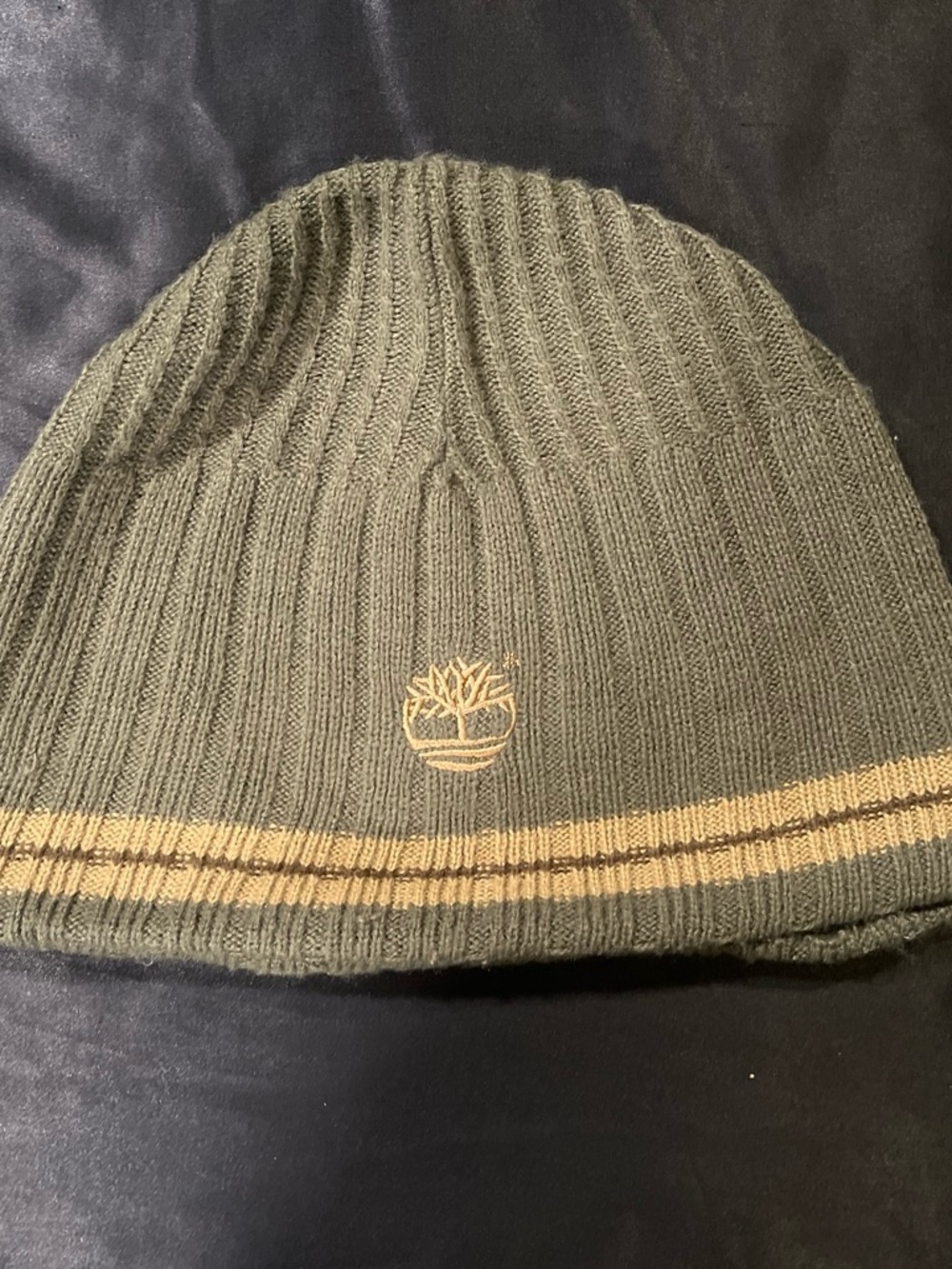 Timberland Olive Green Knit Beanie with Tan Stripe